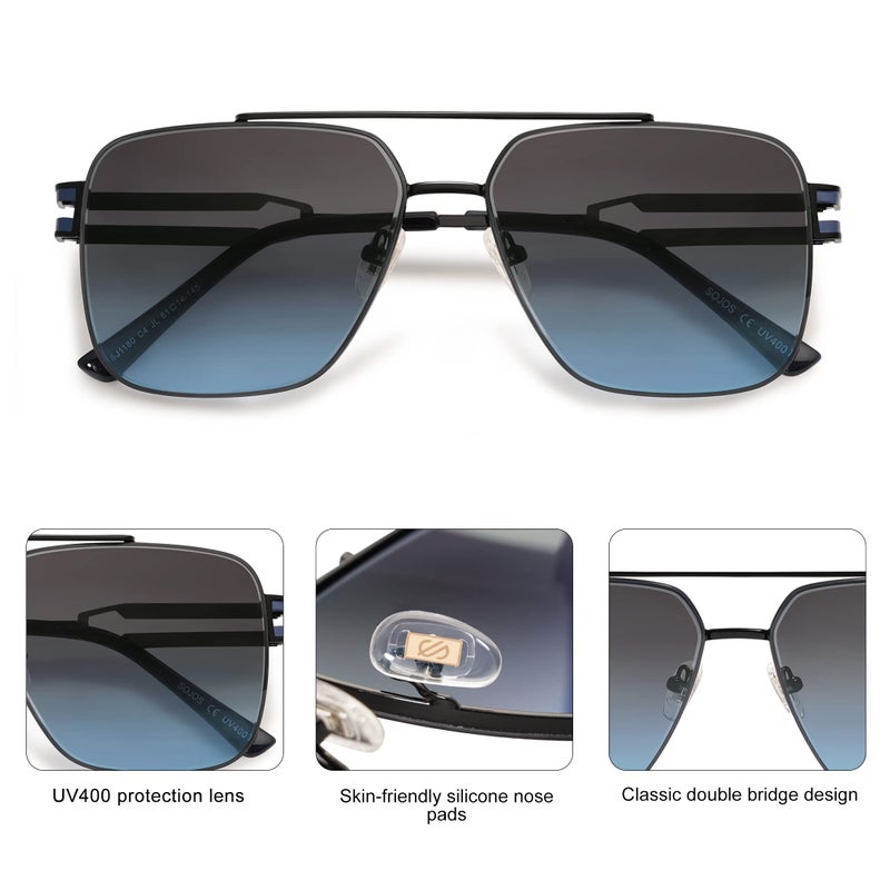 SOJOS Retro Oversized Square Sunglasses for Women Men, Vintage Large Double Bridge Metal Frame Unisex Sunglasses SJ1180, Black Frame/Grey&Blue Lens - Image 4