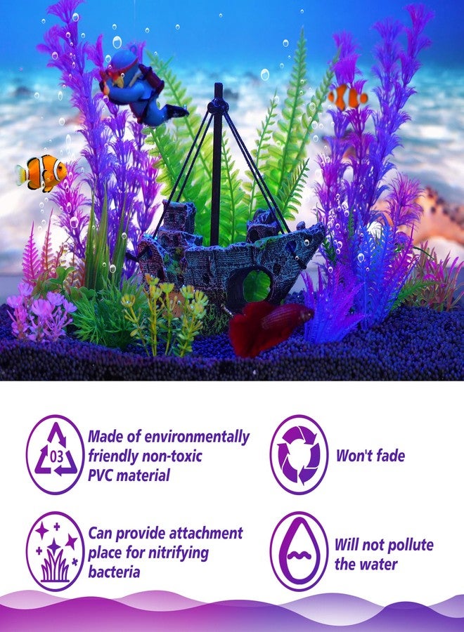 Ameliade Fish Tank Decor Set with Shipwreck Decoration, Little Diver Floating & 13 Aquatic Artificial Plants - Betta Plants & Hiding Spots for Aquariums and Small Fish Tank Accessories - Image 5