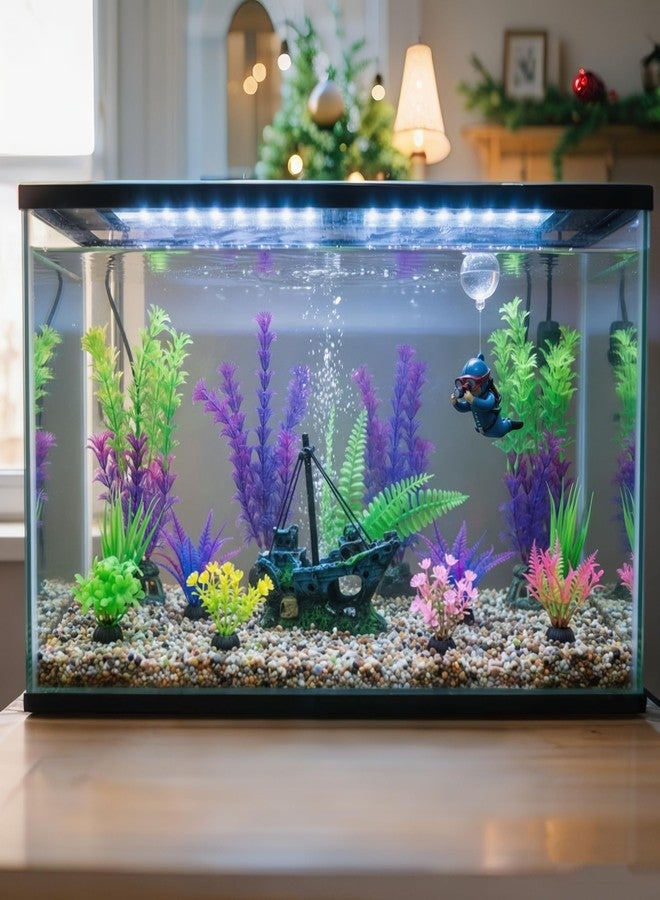 Ameliade Fish Tank Decor Set with Shipwreck Decoration, Little Diver Floating & 13 Aquatic Artificial Plants - Betta Plants & Hiding Spots for Aquariums and Small Fish Tank Accessories - Image 4