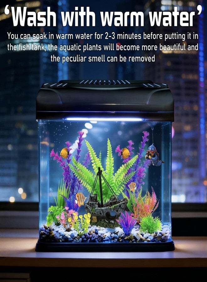 Ameliade Fish Tank Decor Set with Shipwreck Decoration, Little Diver Floating & 13 Aquatic Artificial Plants - Betta Plants & Hiding Spots for Aquariums and Small Fish Tank Accessories - Image 3