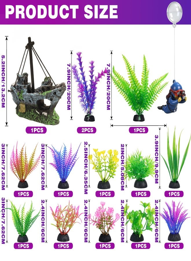 Ameliade Fish Tank Decor Set with Shipwreck Decoration, Little Diver Floating & 13 Aquatic Artificial Plants - Betta Plants & Hiding Spots for Aquariums and Small Fish Tank Accessories - Image 2