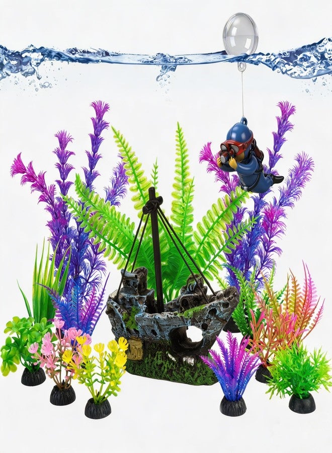 Ameliade Fish Tank Decor Set with Shipwreck Decoration, Little Diver Floating & 13 Aquatic Artificial Plants - Betta Plants & Hiding Spots for Aquariums and Small Fish Tank Accessories - Image 1