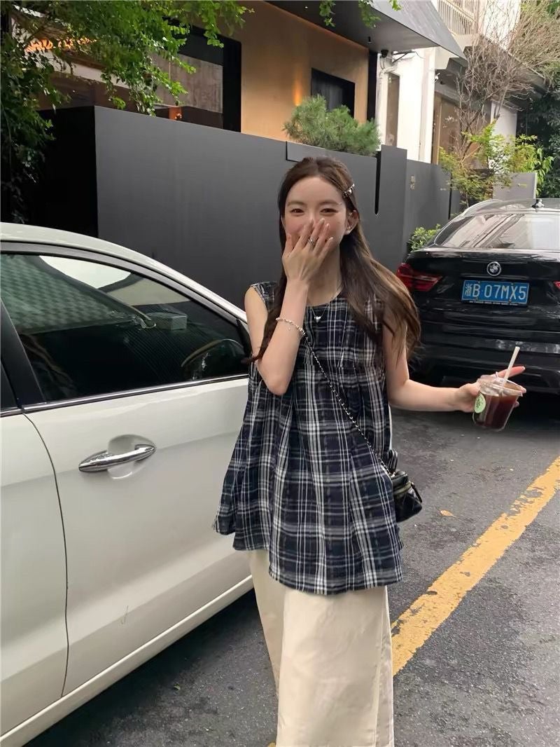 Retro Design Plaid Round Neck Shirt For Women Loose Sleeveless Casual Babydoll Top Trendy - Image 3