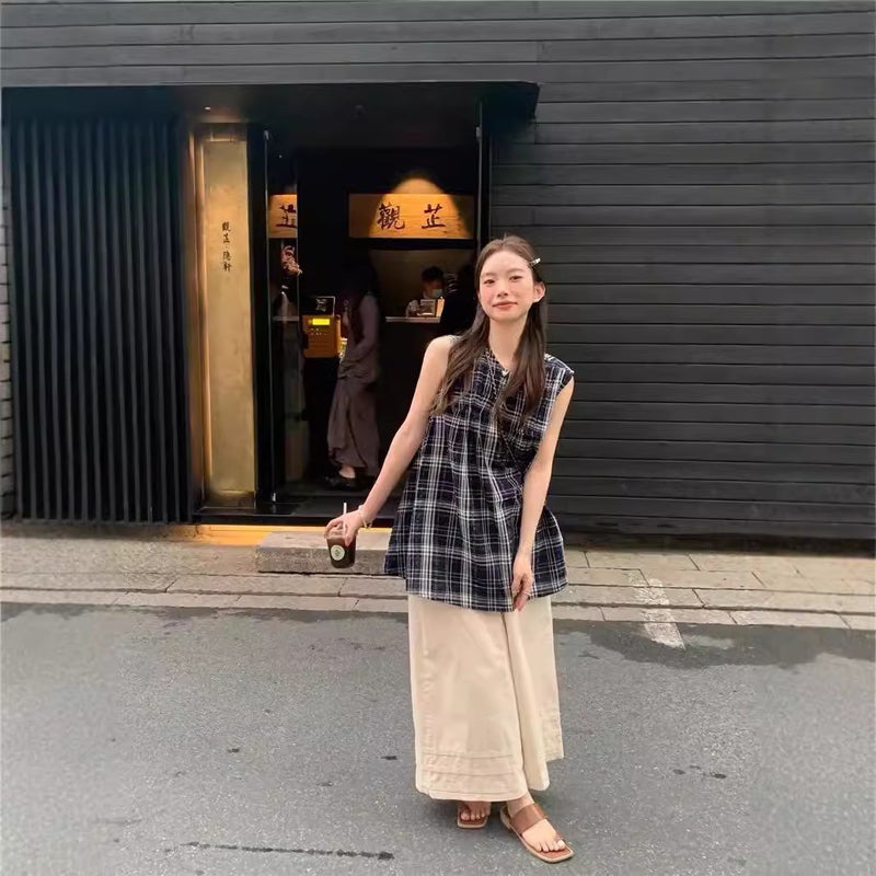 Retro Design Plaid Round Neck Shirt For Women Loose Sleeveless Casual Babydoll Top Trendy - Image 1