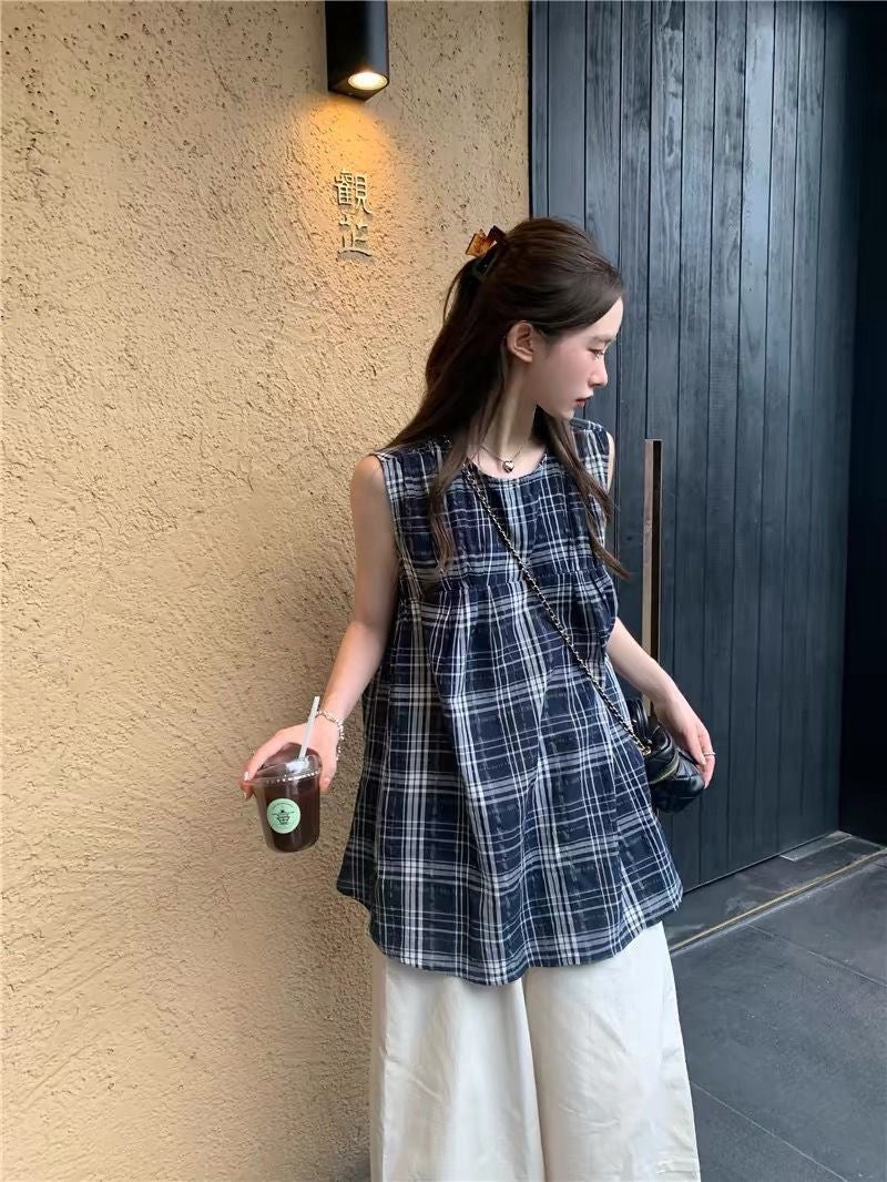 Retro Design Plaid Round Neck Shirt For Women Loose Sleeveless Casual Babydoll Top Trendy - Image 2