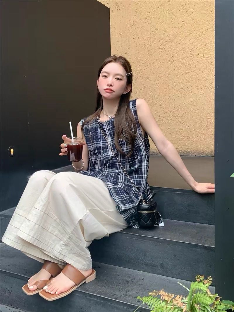 Retro Design Plaid Round Neck Shirt For Women Loose Sleeveless Casual Babydoll Top Trendy - Image 5