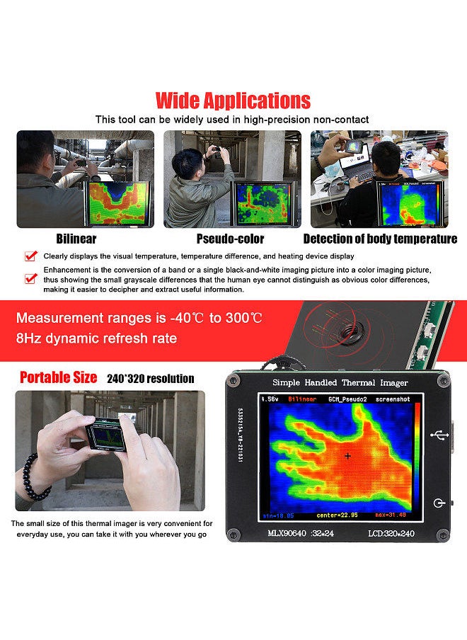 24 * 32 Pixel Infrared Sensor Simple Handheld Thermal Imager Portable 3.2inch LCD Display 240*320 Resolution Clear Definition Imaging Camera -40℃ to 300℃ Temperature Measurement Instrument