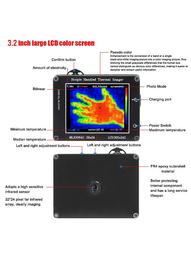 24 * 32 Pixel Infrared Sensor Simple Handheld Thermal Imager Portable 3.2inch LCD Display 240*320 Resolution Clear Definition Imaging Camera -40℃ to 300℃ Temperature Measurement Instrument