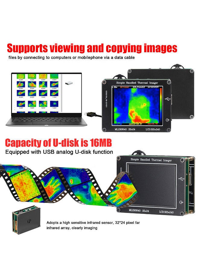 24 * 32 Pixel Infrared Sensor Simple Handheld Thermal Imager Portable 3.2inch LCD Display 240*320 Resolution Clear Definition Imaging Camera -40℃ to 300℃ Temperature Measurement Instrument