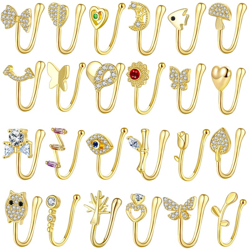 JDXN 24 PCS Fake Nose Rings Set Stainless Steel Inlaid CZ Faux Piercing Jewelry Spring Clip on Circle Hoop No Pierced Body Jewelry Set For Women Men (24 PCS degree silver+gold-plated) - Image 1