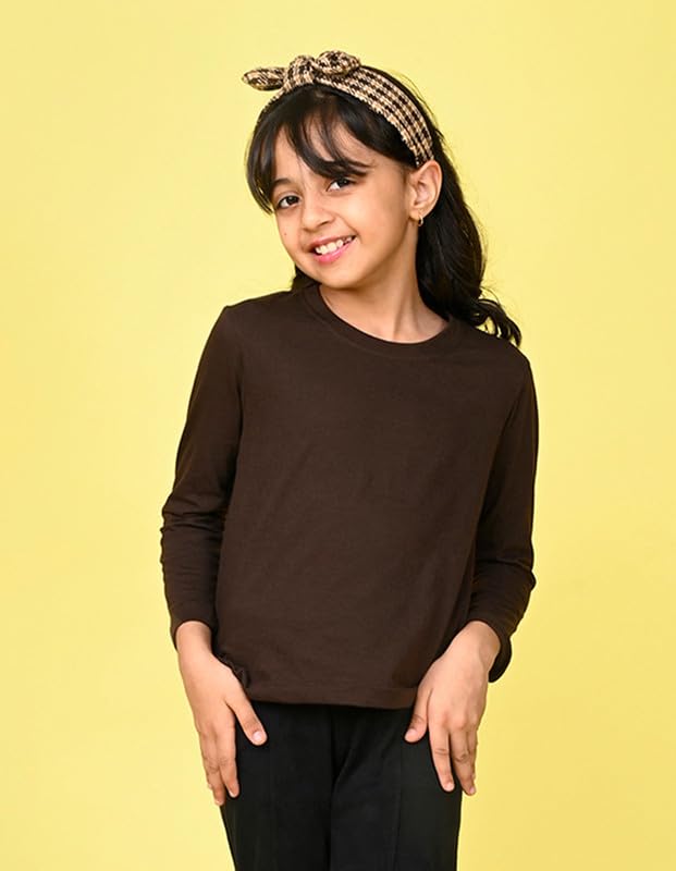 Nusyl Girls Full Sleeves Solid T-Shirt for Kids | Soft Cotton Blend | Comfortable Regular Fit | Casual 2-16 Years | Brown - Image 4