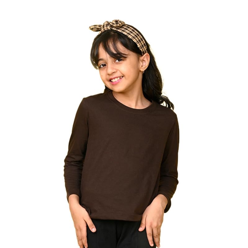 Nusyl Girls Full Sleeves Solid T-Shirt for Kids | Soft Cotton Blend | Comfortable Regular Fit | Casual 2-16 Years | Brown - Image 1