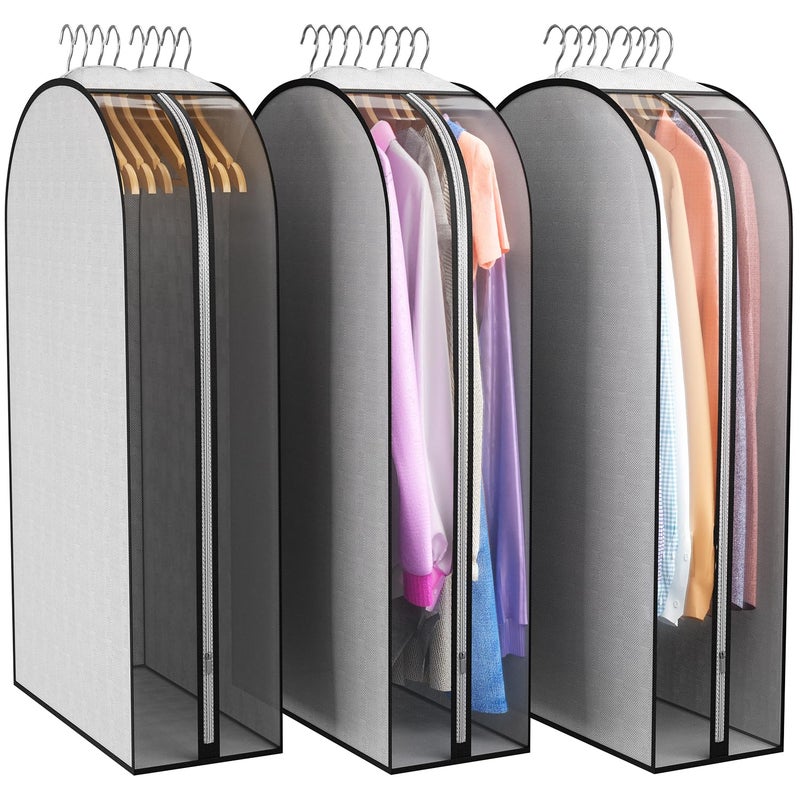 Liuoud 10" Gusseted Garment Bags for Hanging Clothes 40" Suit Bags for Open Closet Storage, Side Clear Clothing Cover for Coat, Dress, Jacket, Shirt, Fur Wardrobe Protector, 3 Packs, Grey - Image 1