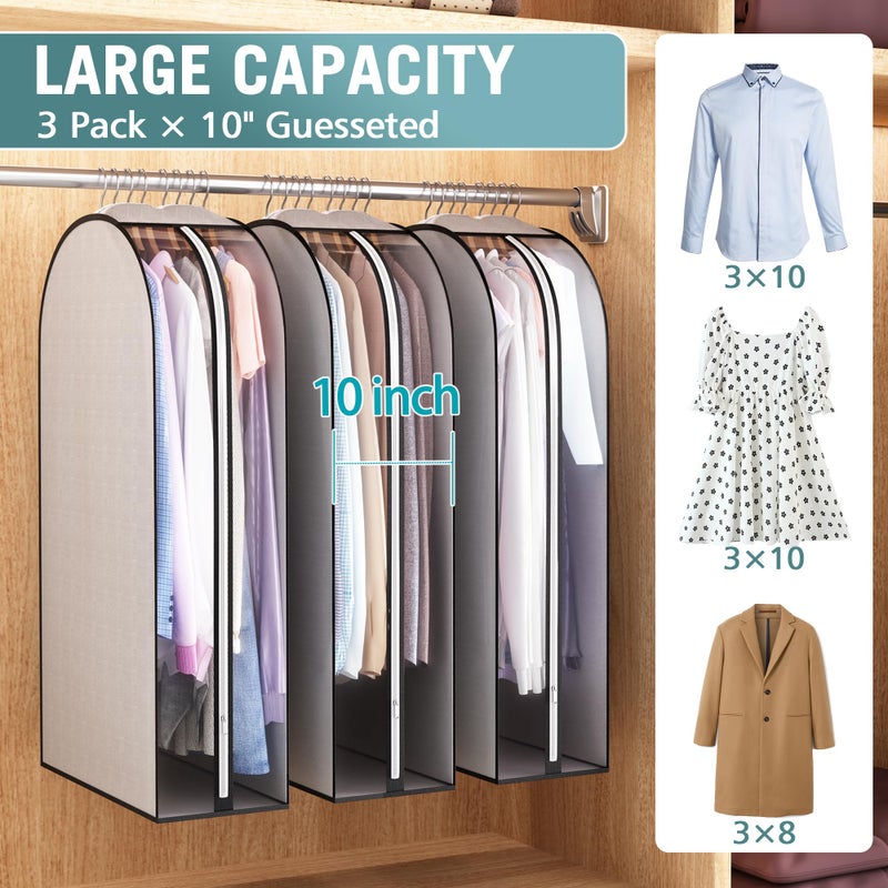 Liuoud 10" Gusseted Garment Bags for Hanging Clothes 40" Suit Bags for Open Closet Storage, Side Clear Clothing Cover for Coat, Dress, Jacket, Shirt, Fur Wardrobe Protector, 3 Packs, Grey - Image 2