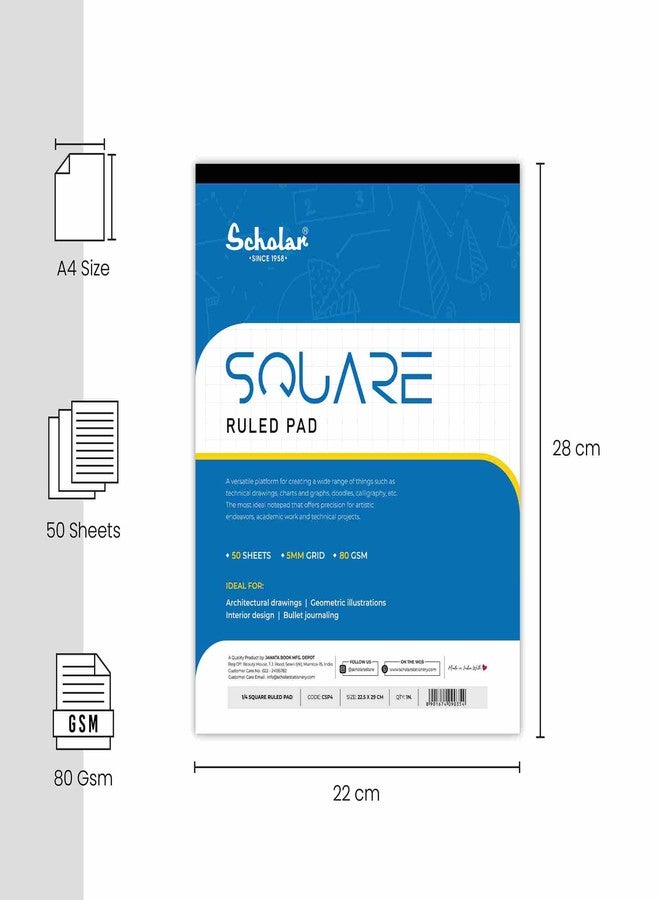 Scholar Square Grid Writing Pad - 80 GSM Paper | 50 Sheets Each | Smooth Paper with Clear Square Ruling | Ideal for Mathematics, Geometry, Graph Work, Engineering Drawings, School & College Use | Neat Writing Practice Pad for Students, Teachers & Professionals (Pack of 5) (A4) - Image 2