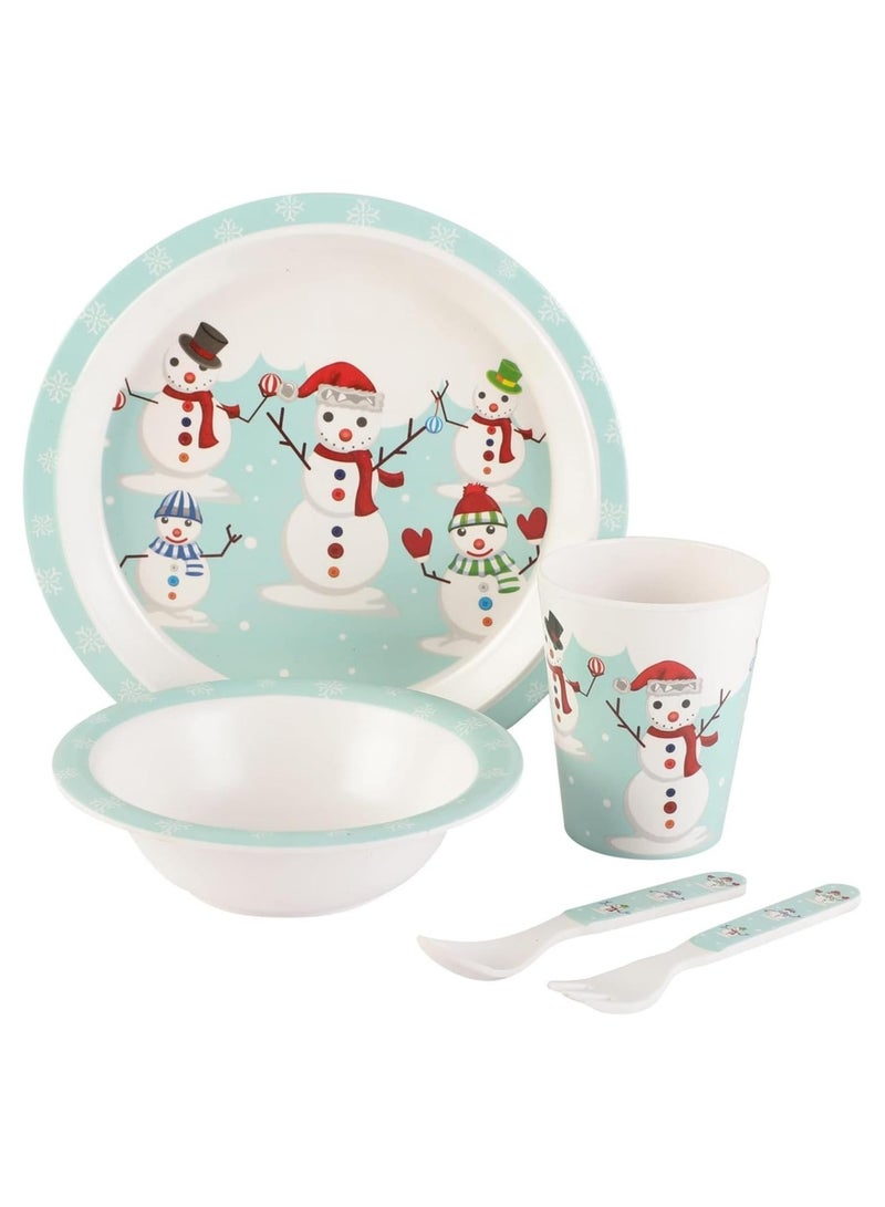 Melamine Baby Set Baby Dinnerware Children's Dinnerware Set Includes Plate Bowl Glaas Spoon And Fork Non BPA Made of Durable Material and Perfect for Kids Set Of 5 Snow Man - Image 1