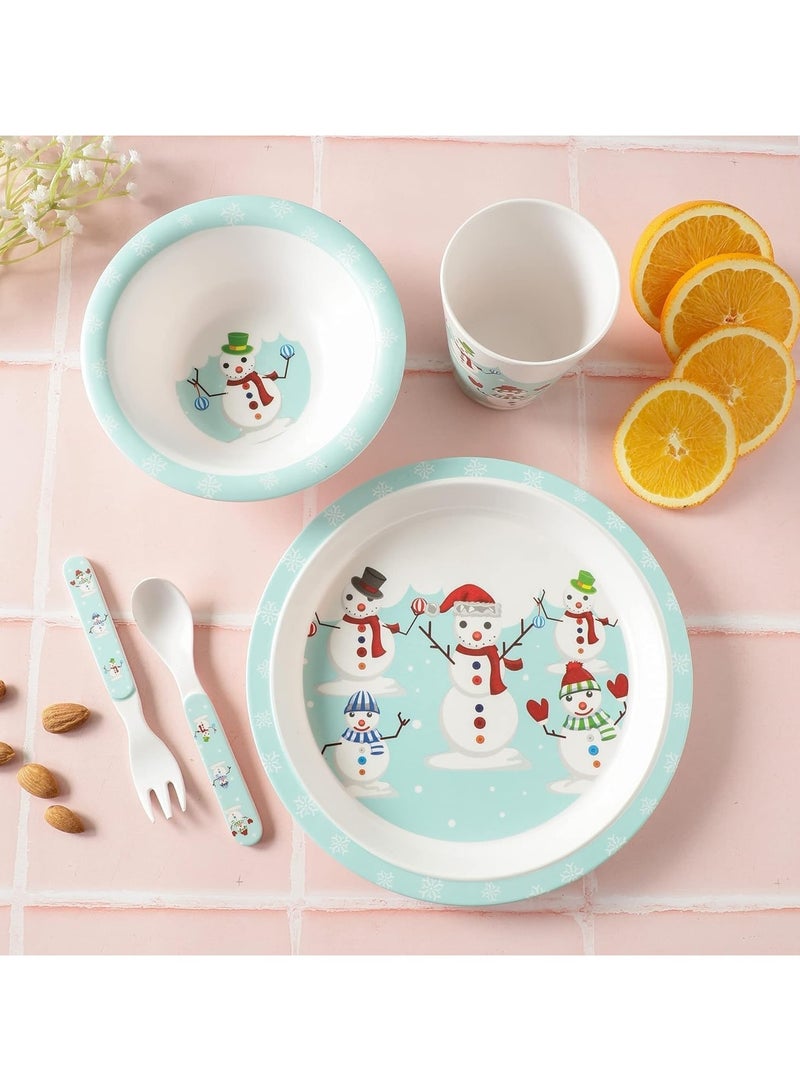 Melamine Baby Set Baby Dinnerware Children's Dinnerware Set Includes Plate Bowl Glaas Spoon And Fork Non BPA Made of Durable Material and Perfect for Kids Set Of 5 Snow Man - Image 2