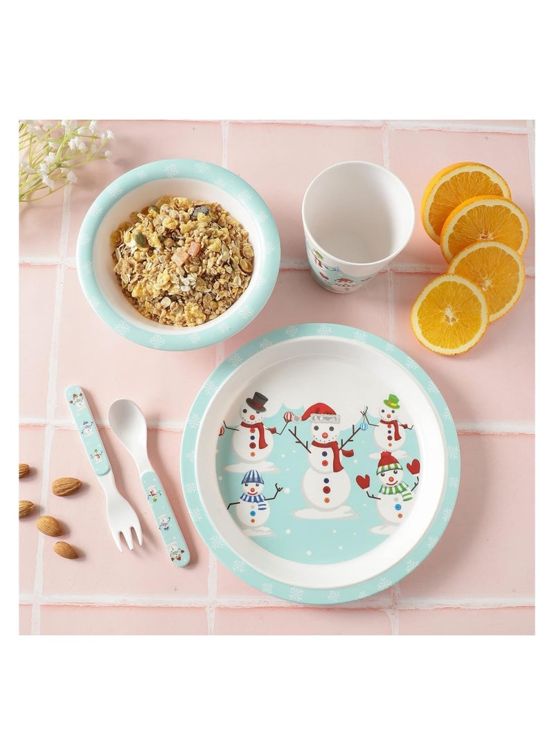 Melamine Baby Set Baby Dinnerware Children's Dinnerware Set Includes Plate Bowl Glaas Spoon And Fork Non BPA Made of Durable Material and Perfect for Kids Set Of 5 Snow Man - Image 4