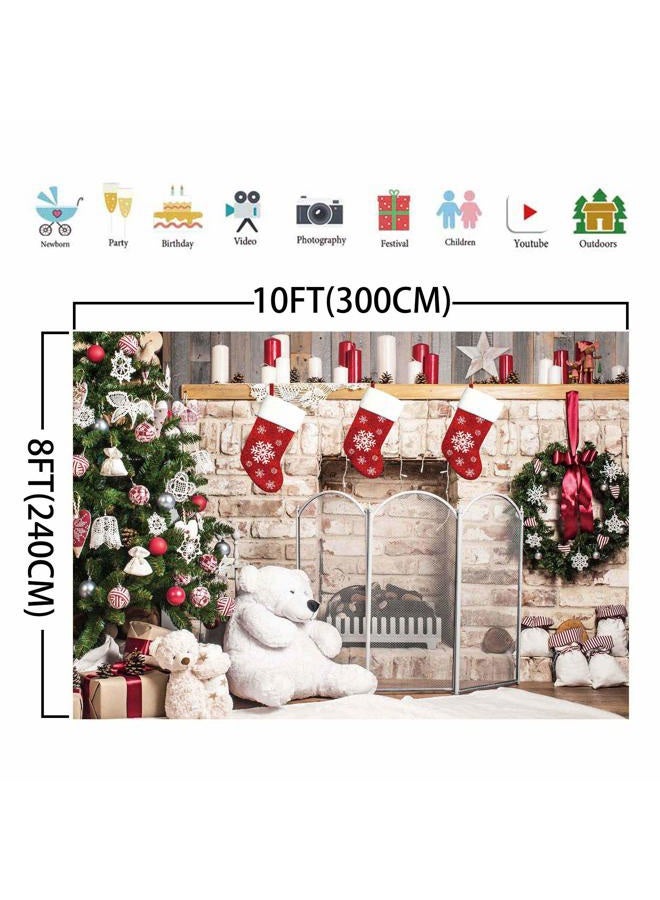HABOKE 10x8ft Christmas Fireplace Backdrop for Photography Xmas Tree Socks Decorations for Family Party Photo Background Pictures Decor Photobooth Props - Image 5