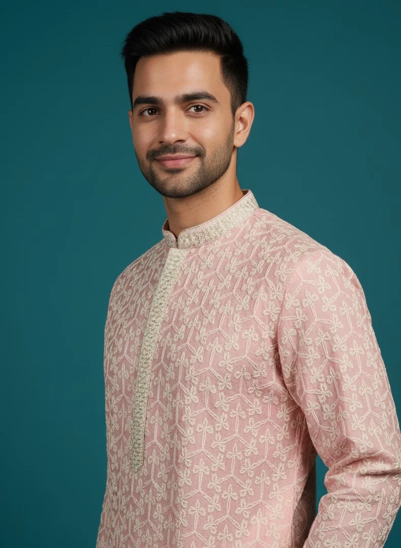 Lehar  Blush Pink Embroidered Kurta for Men | Best Price UAE