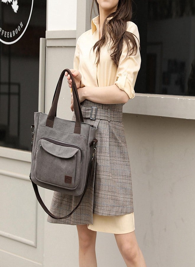 Sunshinejing Women's Canvas Top Handle Handbag Stylish Multi-pocket Shoulder Tote Purse Work Crossbody Bags (Grey) One Size - Image 3