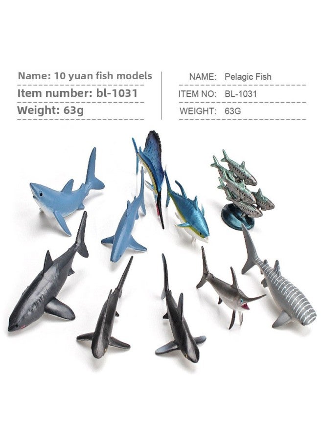 محاكاة نموذج سمكة صغيرة للمحيطات، سمك السردين، سمك القرش الأبيض الكبير، سمك أبو سيف، سمك القرش الحريري، سمك القرش الحوت، القرش الأزرق، اللون: BL-1031 10 سمكة بحرية 63 جم - Image 1