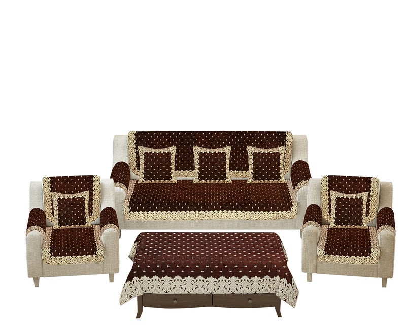 Dazzling DECOR Sofa Seater Slip Covers with Arm and Cushion and Table Cover - 3+2 Seater Velvet Sofa Cover Set for Single Sofa Couch - 5 Seater Sofa Seat Protector Slip and Back, 2801_Coffee - Image 2
