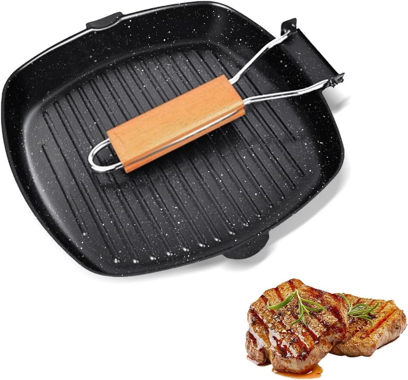 JSJMOFA Carbon Steel Griddle Pan Non-Stick Grill Pan with Folding Beech Handle Frying Pan for Cooking Steak Fish 28cm Black - Image 1