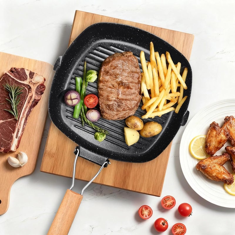 JSJMOFA Carbon Steel Griddle Pan Non-Stick Grill Pan with Folding Beech Handle Frying Pan for Cooking Steak Fish 28cm Black - Image 4