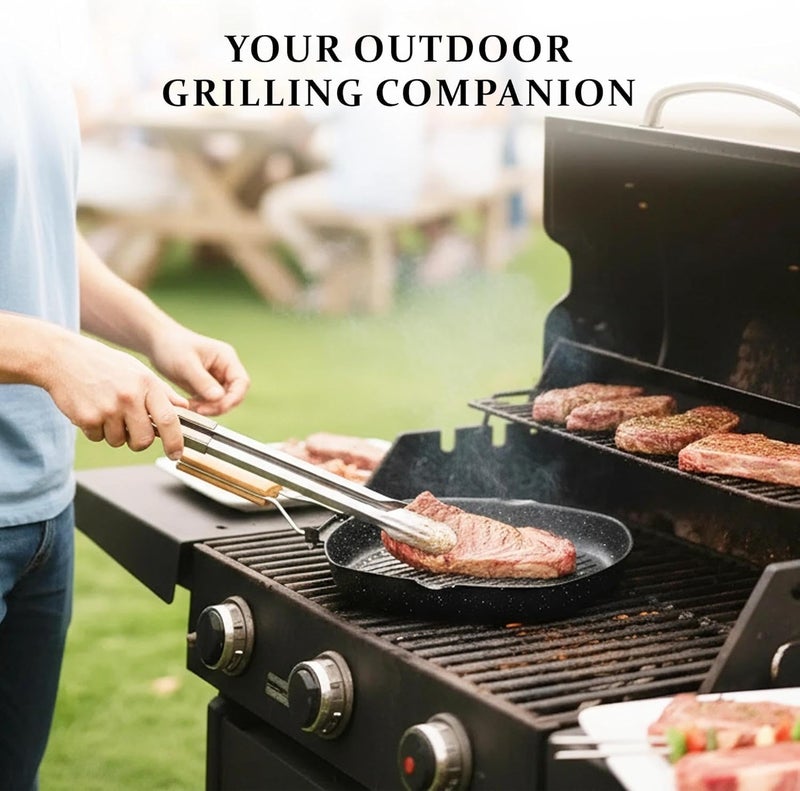 JSJMOFA Carbon Steel Griddle Pan Non-Stick Grill Pan with Folding Beech Handle Frying Pan for Cooking Steak Fish 28cm Black - Image 5