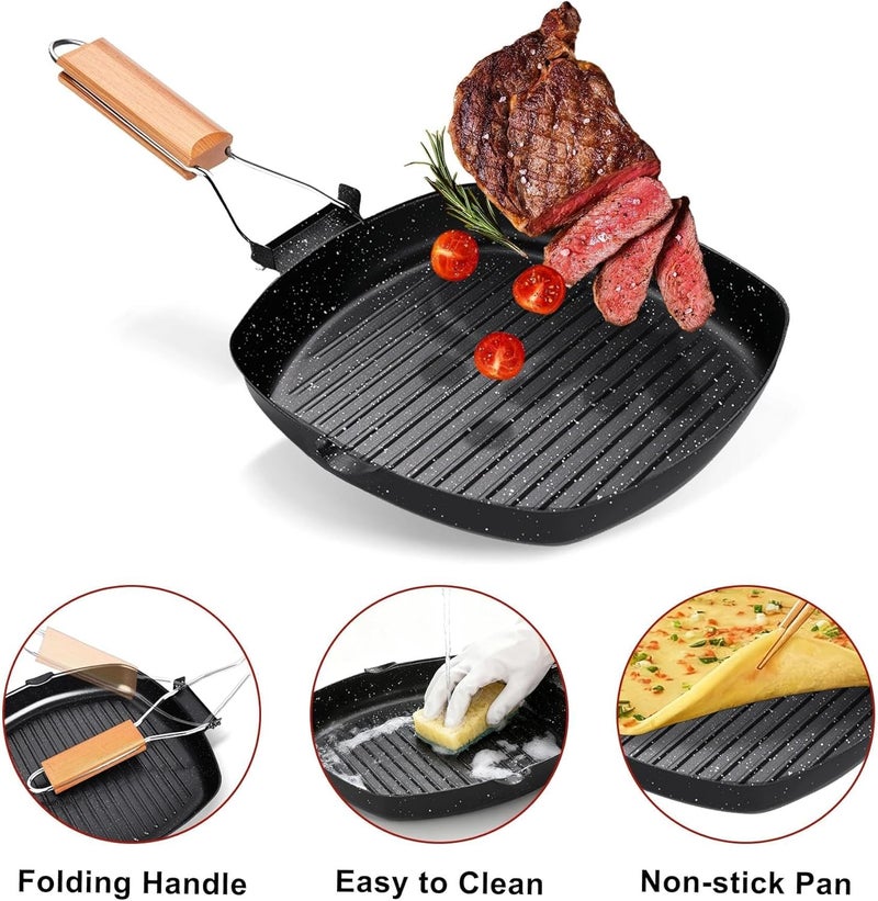 JSJMOFA Carbon Steel Griddle Pan Non-Stick Grill Pan with Folding Beech Handle Frying Pan for Cooking Steak Fish 28cm Black - Image 3
