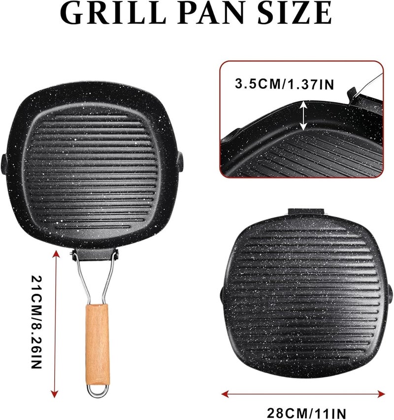 JSJMOFA Carbon Steel Griddle Pan Non-Stick Grill Pan with Folding Beech Handle Frying Pan for Cooking Steak Fish 28cm Black - Image 2