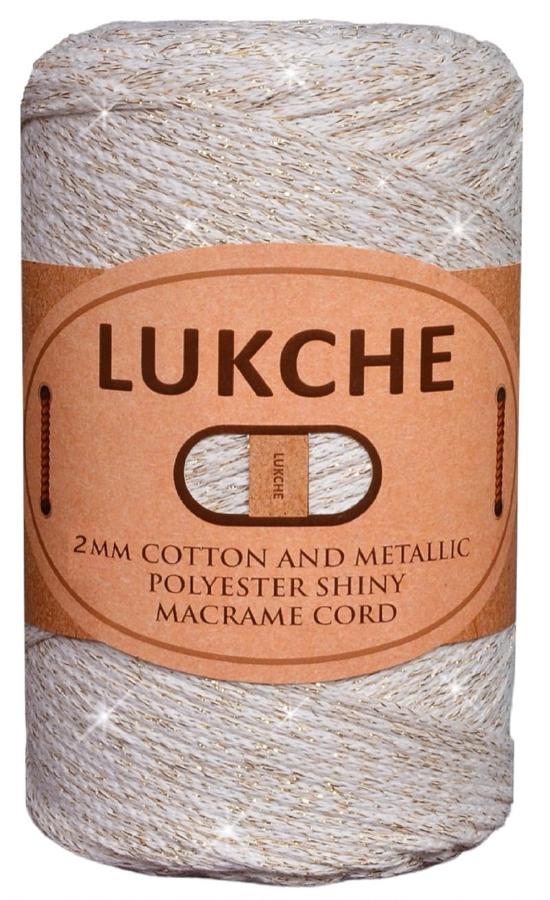 LUKCHE Lukche 2mm Cotton Sparkle Macrame Cord 224 Yards 880 Oz Colorful Crochet Macrame Cord for Wall Hangings Bags Plant Holders Carpets Polypropylene Supplies Cream Gold 1 