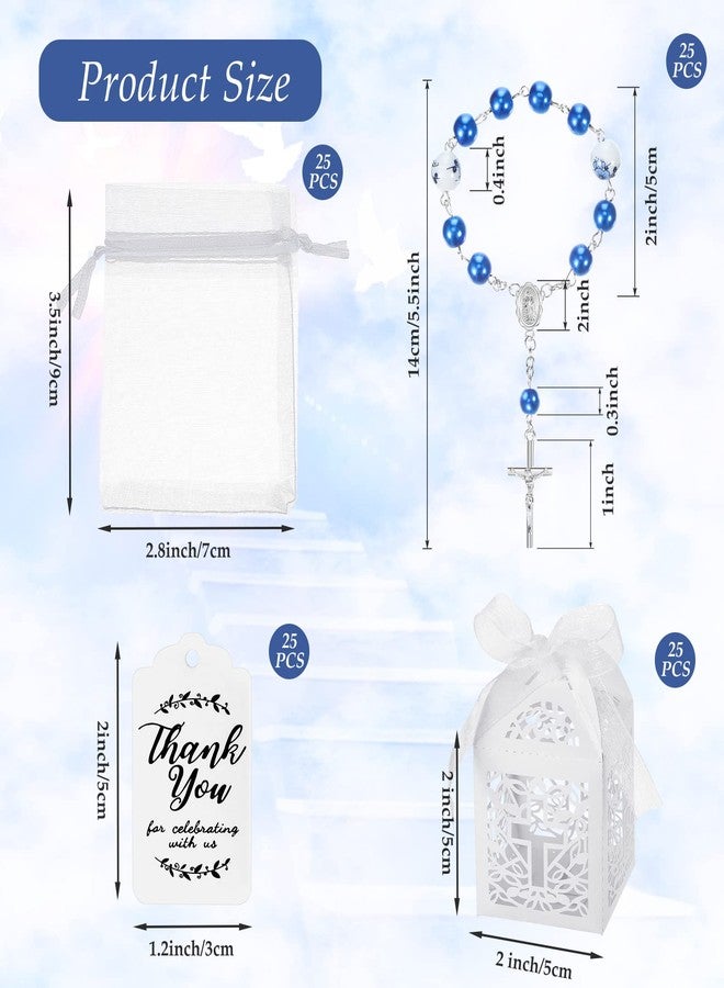 Yinkin 100 Pcs Baptism Favors Set Includes Mini Rosary, Baptism Favor Boxes, White Organza Bags and Kraft Thank You Tags 25 Sets Each for Christening Communion Baby Shower Party Decorations(Blue) - Image 2