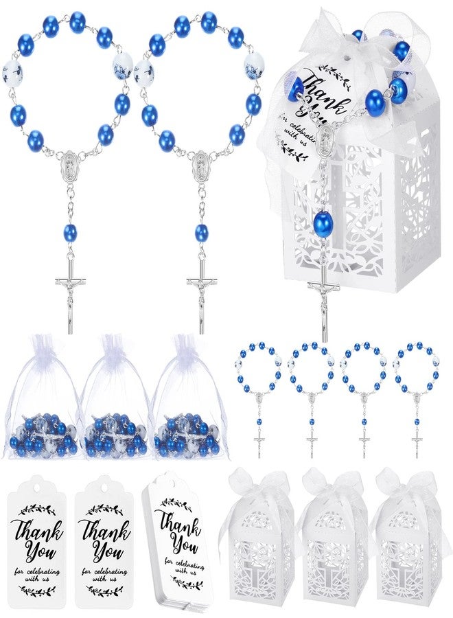 Yinkin 100 Pcs Baptism Favors Set Includes Mini Rosary, Baptism Favor Boxes, White Organza Bags and Kraft Thank You Tags 25 Sets Each for Christening Communion Baby Shower Party Decorations(Blue) - Image 1
