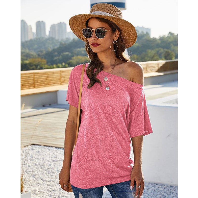 Cross-border hot style European and American spring and summer new off-shoulder pocket top solid color slip pocket slanted shoulder T-shirt + Yellow Peacock Blue + Yellow M - Image 3