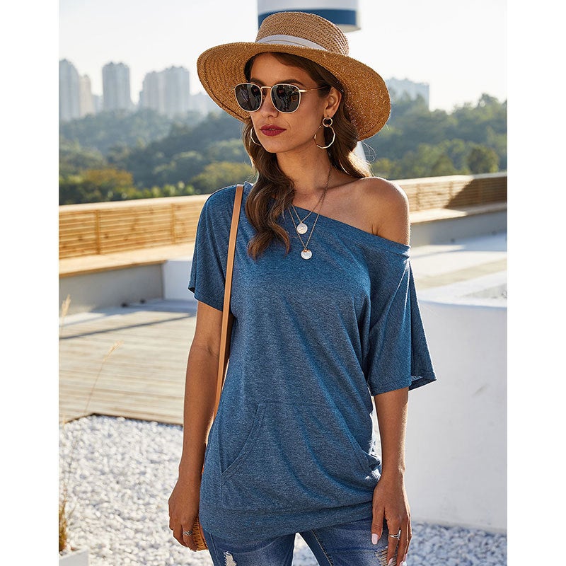 Cross-border hot style European and American spring and summer new off-shoulder pocket top solid color slip pocket slanted shoulder T-shirt + Yellow Peacock Blue + Yellow M - Image 1