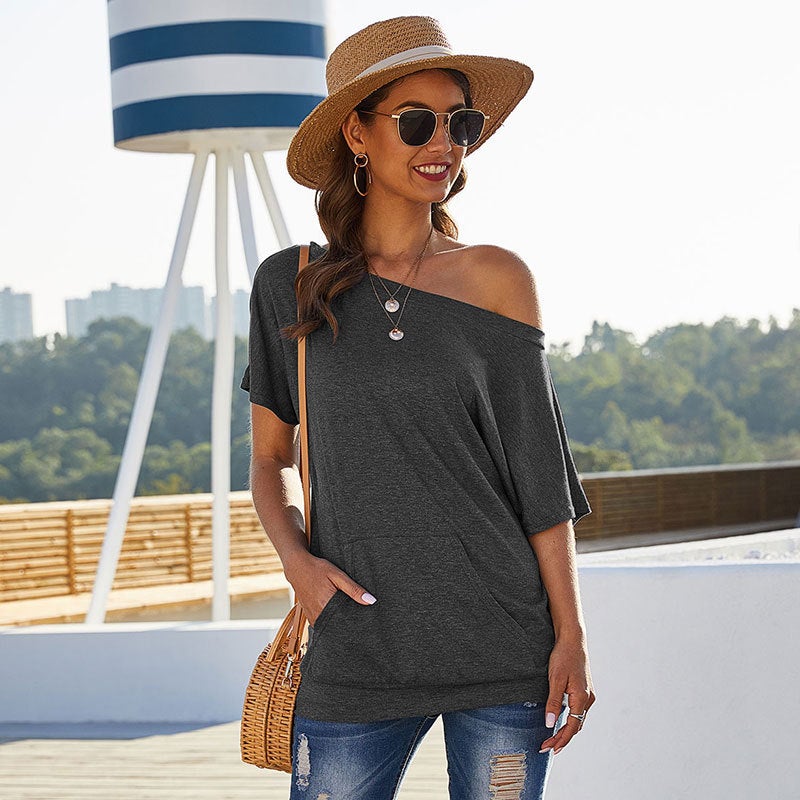 Cross-border hot style European and American spring and summer new off-shoulder pocket top solid color slip pocket slanted shoulder T-shirt + Yellow Peacock Blue + Yellow M - Image 5