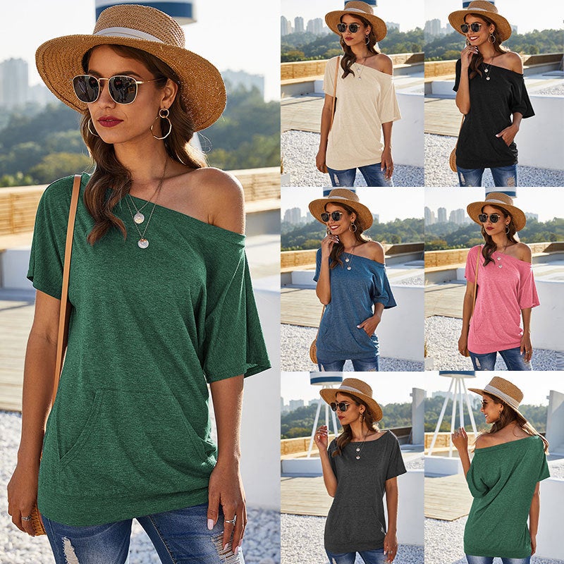 Cross-border hot style European and American spring and summer new off-shoulder pocket top solid color slip pocket slanted shoulder T-shirt + Yellow Peacock Blue + Yellow M - Image 2