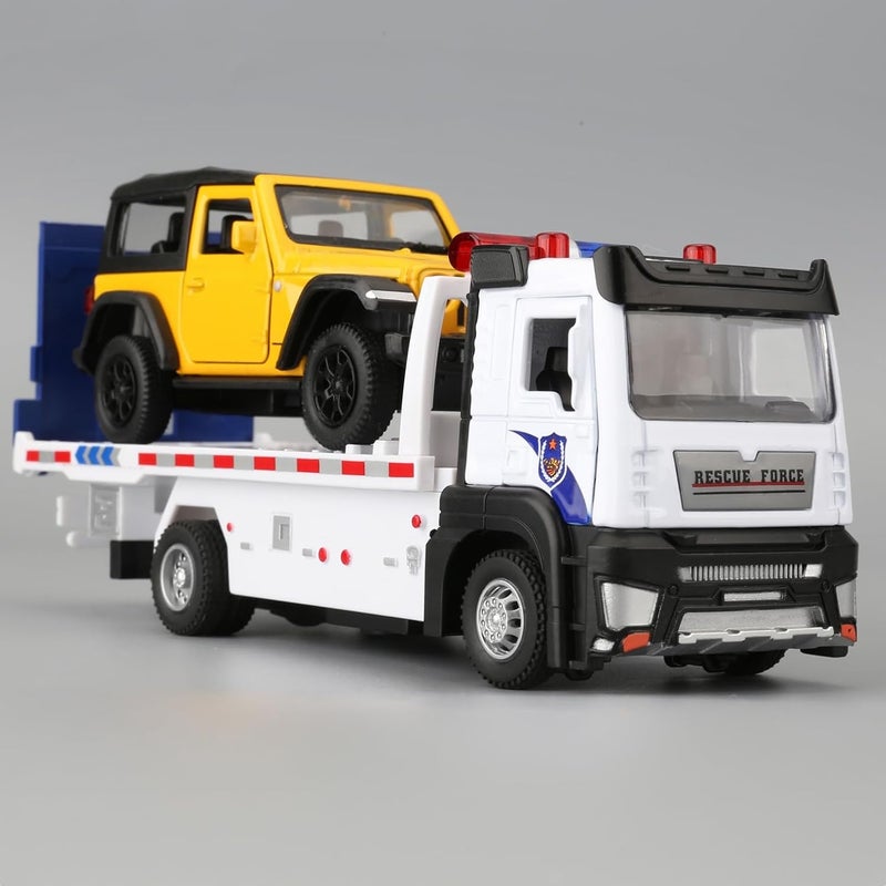 BDTCTK Friction Powered Flatbed Truck Police Car Toy with Lights and Sounds, Push and Go Construction Toy Tow Truck Great Gift for Toddlers, Boys and Girls - Image 1