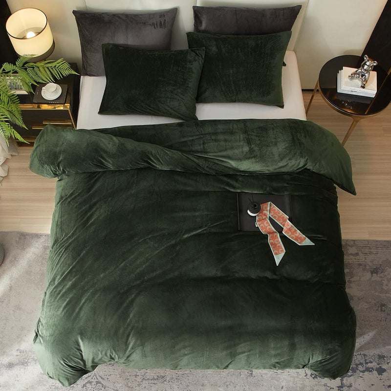 Ivellow Velvet Duvet Cover Queen Set Dark Green Comforter Cover 3Pcs Ultra Soft Cover Breathable Solid Luxury Flannel Velour Duvet Cover Zipper Closure Corner Tie - Image 2