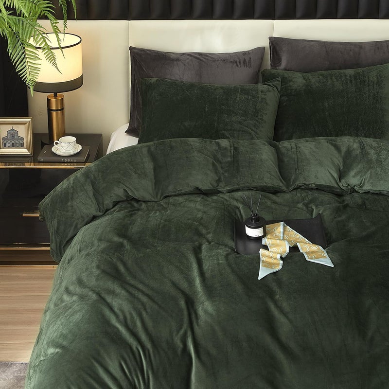 Ivellow Velvet Duvet Cover Queen Set Dark Green Comforter Cover 3Pcs Ultra Soft Cover Breathable Solid Luxury Flannel Velour Duvet Cover Zipper Closure Corner Tie - Image 3