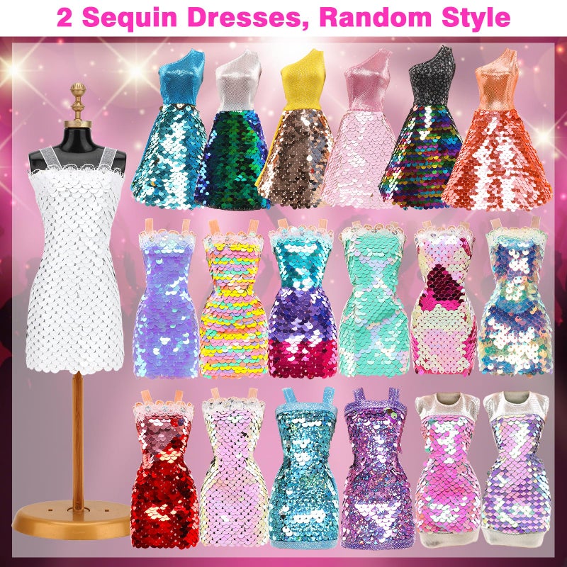 BARWA 11 Sets Doll Clothes Including 2 Sequins Dresses 5 Mermaid Floral Dresses 4 Casual Outfits Tops and Pants for 11.5 inch Girl Dolls - Image 2