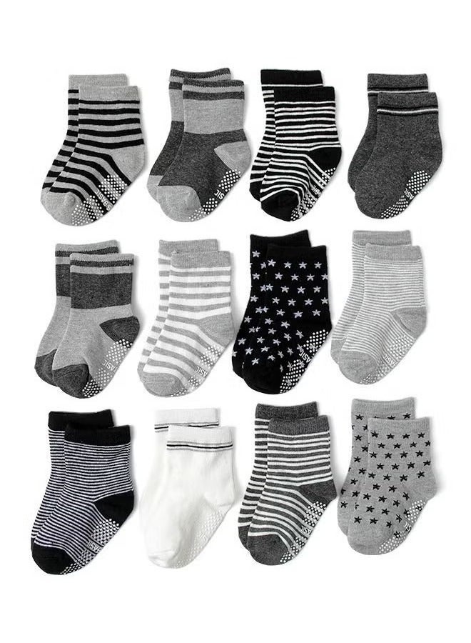 YelaJoy 12 Pairs Of Cotton Non-Slip Striped Baby Socks for Kids Boys' Socks Girls' Socks Multicolor - Image 1