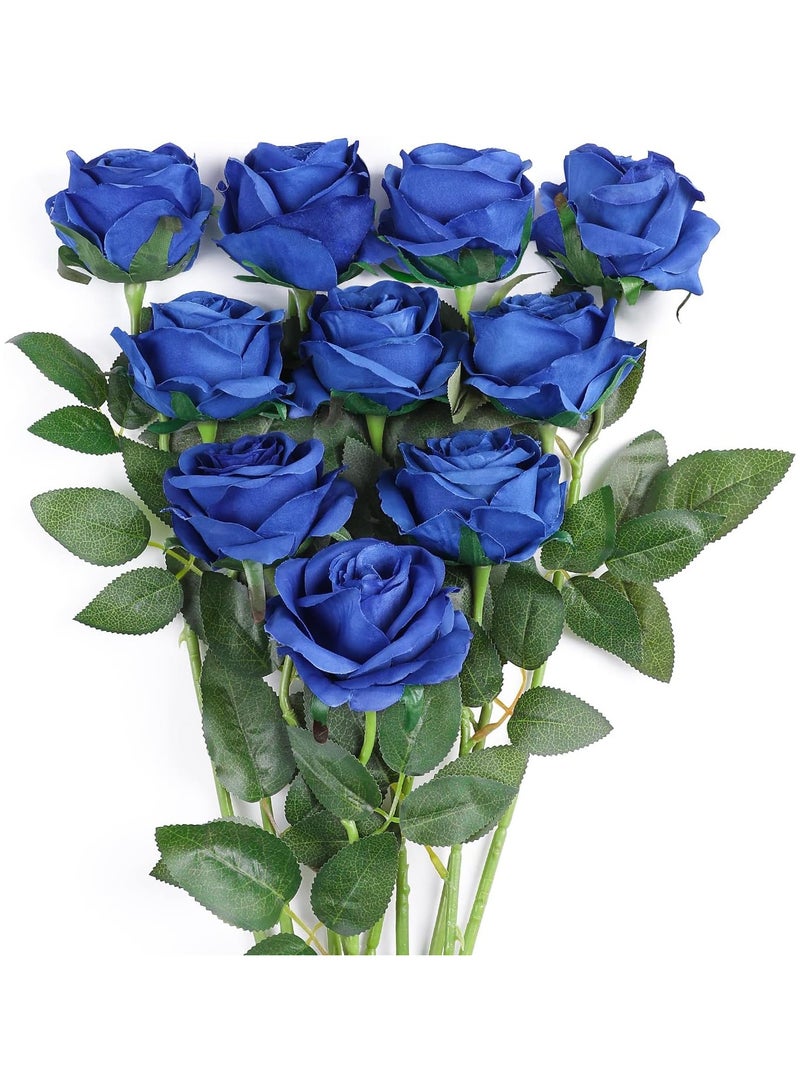 TOMSHOO 10 قطع من زهور الورد الاصطناعية، زهور بلوم واقعية، ورد حرير بلمسة حقيقية، باقات زهور مزيفة طويلة الساق للديكور في المنزل وحفلات الزفاف (10 قطع، أزرق) - Image 1