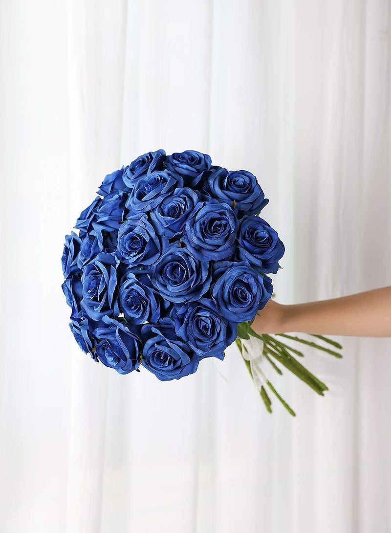 TOMSHOO 10 قطع من زهور الورد الاصطناعية، زهور بلوم واقعية، ورد حرير بلمسة حقيقية، باقات زهور مزيفة طويلة الساق للديكور في المنزل وحفلات الزفاف (10 قطع، أزرق) - Image 2