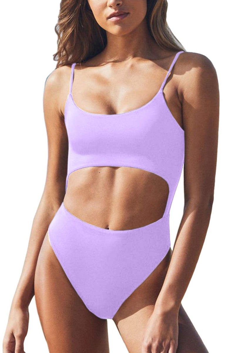 Meyeeka Womens Scoop Neck Cut Out Front Lace Up Back High Cut Monokini One Piece Swimsuit (S, Purple) - Image 4