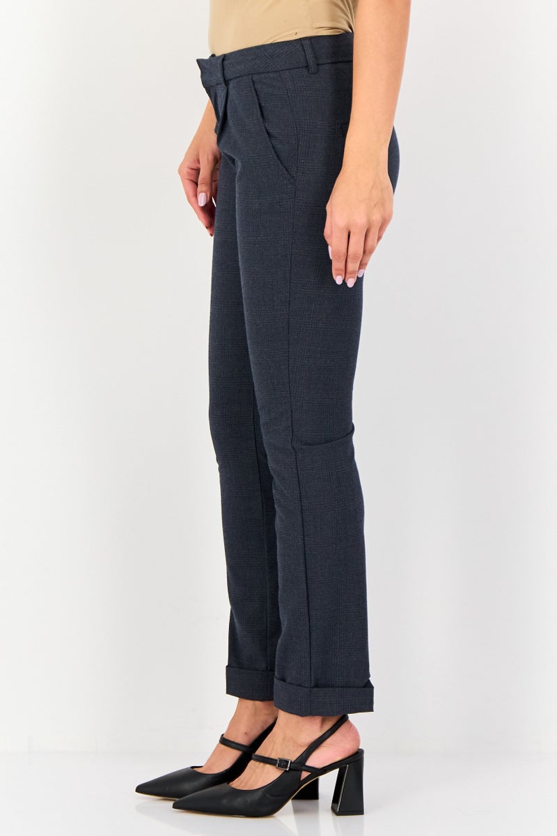 Reiko Women Cigarette Fit Plaid Straight Leg Semi Formal Pants, Dark Grey - Image 3