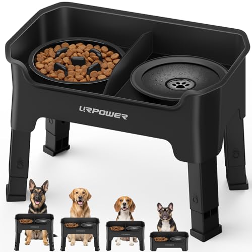 URPOWER Mess Proof Elevated Dog Bowls 4 Height Adjustable Raised Stand with No Spill Water Bowl and Slow Feeder Dog Bowls NonSlip Food and Water Bowl Set for Small Medium Large Dogs - Image 1