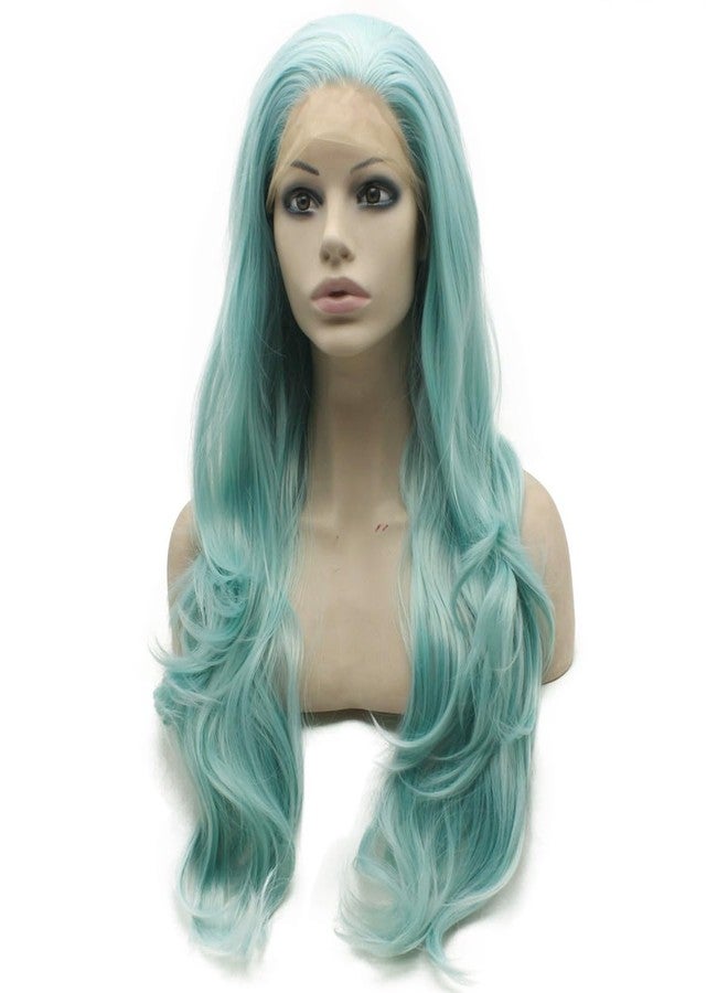 MX angel Mxangle Long Wavy Light Blue Half Hand Tied Synthetic Lace Front Wig Fiber Hair Costume Party Wig - Image 3